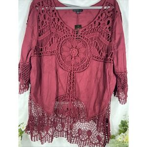 Lane Bryant Top Womens 22 Burgandy‎ Crochet Scoop Boho Sheer Oversized Festival